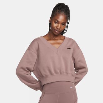 Nike Womens Nike Sportswear Phoenix Fleece Cropped V-Neck Top in Purple | FN3651-208
