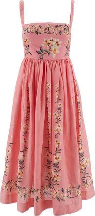 Agua Bendita Geborduurde Linnen Midi Jurk - Dames - Casual kleedjes - Roze - XS - Linnen - Kleedjes
