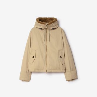 Burberry Shearling Trim Gabardine Hooded Jacket