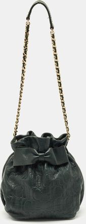 Carolina Herrera Dark Green Monogram Embossed Leather Bow Bucket Bag