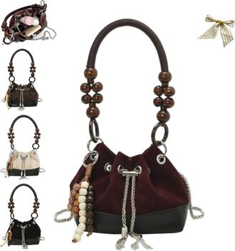 Generic Suede Beaded Drawstring Vintage Bucket Bag,Vintage Crossbody Bag with Chain Strap,Womens Retro Beads Drawstring Handbags (Red)