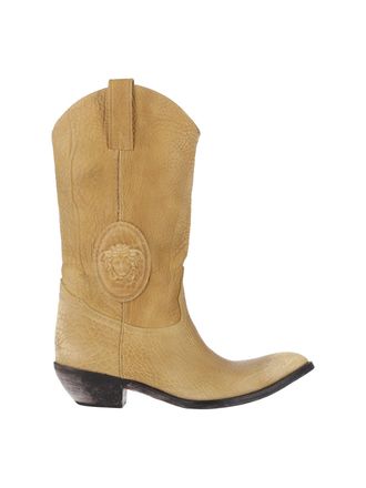 Versace Tan Mid-Calf Pointed Toe Boots