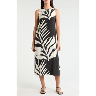 Melloday Palm Print Sleeveless Shift Midi Dress in Black Bone Leaf at Nordstrom, Size X-Small