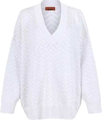 Missoni Chevron Trui van Katoen en Viscose met V-hals - Dames - V-hals truien - Wit - XL - Katoen - Truien & Vesten