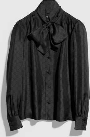 Gucci Printed Silk Twill Shirt With Bow, Black