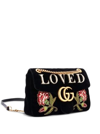 Gucci GG Marmont Flap Bag Embroidered Matelasse Velvet Medium shoulder bag - Black