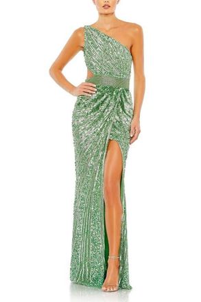 Mac Duggal Sequined One Shoulder Draped Lace Up Gown in Sage at Nordstrom, Size 16
