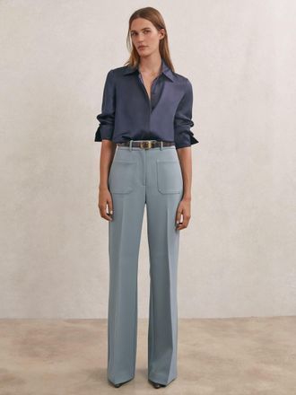 Reiss Blue Twill Patch-pocket Flared Trousers, 14R