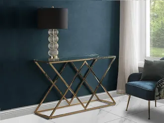 Vente-Unique Tempered Glass & Steel Console - Golden - CHARLOTTE in Clear
