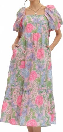 Entro Floral Print Short Puff Sleeve Midi Dress In Pink