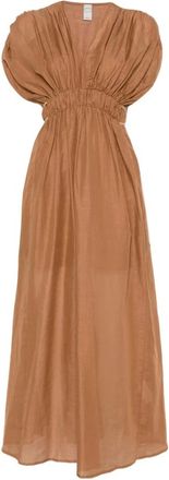 120% Lino 120% Lino, Maxi Dresses, female, Brown, Size: XL Gathered V-neck Maxi Dress