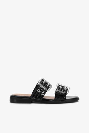 Ganni Feminine Buckle Two-Strap Sandals in Black - Size 10