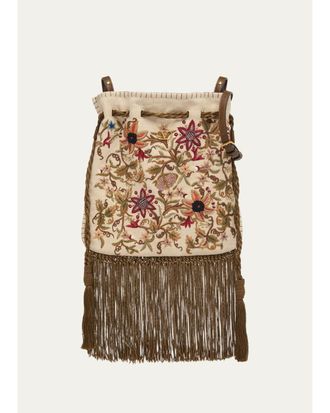Valentino Garavani Fringed Floral-Embroidered Pouch Shoulder bag