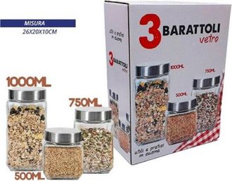Trade Shop Trade Shop - Set 3 Tris Barattoli Vetro Con Coperchio Metallo Contenitori Pasta Biscotti
