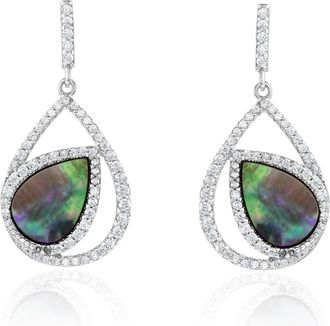 Suzy Levian Sterling Silver White Cubic Zirconia Double Teardrop Black Mother of Pearl Dangle Earrings