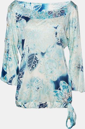 Roberto Cavalli Blue Printed Jersey Waist Tie Detail Top
