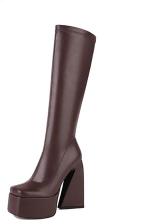 Generic Womens Knee-High Platform Block Heel Boots Square Toe Faux Leather Stretchy Design Stylish Comfortable For Night Out Party And Daily Casual Wear,Brown
