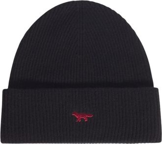 Maison Kitsun&eacute; Fox Head Patch Ribbed Beanie - Heren - Hoeden - Zwart - ONE Size - Wol - Accessoires