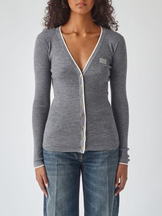 Elisabetta Franchi Slim Fit Wool Cardigan with Contrast Trim and Logo