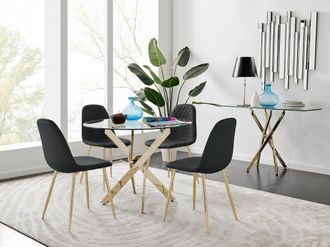 Furniturebox Novara 100cm Round Tempered Glass Dining Table with Gold Legs & 4 Corona Faux Leather Chairs in Black
