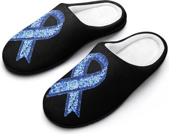 Generic Blue Cancer Ribbon Sequin Mens House Slippers Memory Foam Washable Cotton Slip on Home Shoes