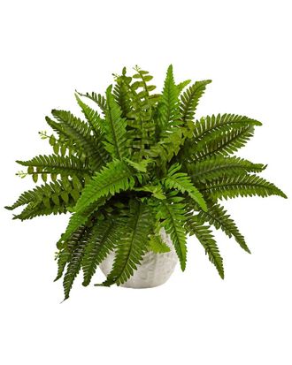 Nearly Natural Boston Fern in White Planter