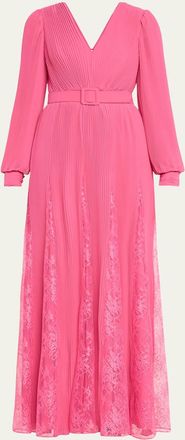 Badgley Mischka Pleated Lace-Inset Godet Gown