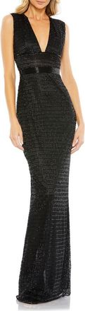 Mac Duggal Beaded Cap Sleeve V Neck Column Gown in Black at Nordstrom, Size 14