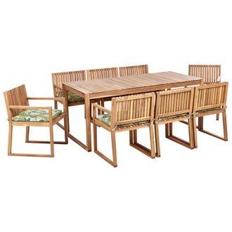 Beliani Conjunto De Jard&iacute;n 8 Plazas R&uacute;stico De Madera De Acacia Certificada Sillas Con Cojines De Asiento Verde Motivo Hojas Sassari Ii