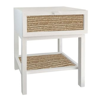 NATYAL Mesita de noche de madera maciza blanca con balda y caj&oacute;n de yute