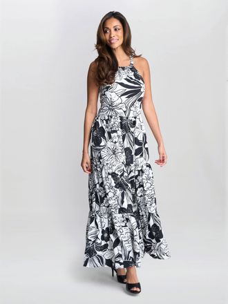 Gina Bacconi Womens Dina Halter Crepe Printed Maxi Dress - Black - Size X-Large