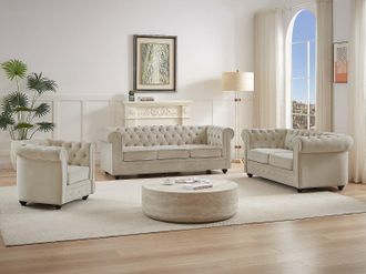 Vente-Unique Divano 3 posti, 2 posti e poltrona in Velluto Beige - CHESTERFIELD
