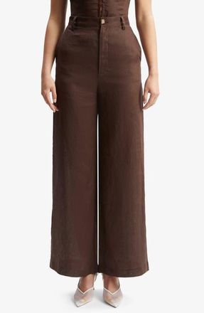Bardot Enya High Waist Wide Leg Linen Pant in Chocolate at Nordstrom, Size 8
