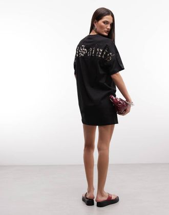 AllSaints Fuse - Vestito T-shirt corto nero con stampa leopardata sul retro