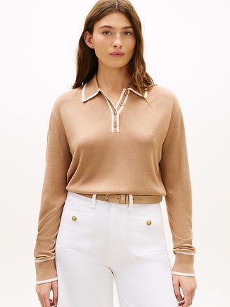 Tommy Hilfiger Womens Lightweight Tipped Sweater Polo - Brown - XL