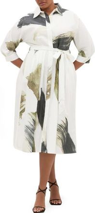 City Chic Angel Brushstroke Belted Cotton Shirtdress in Muse Ivory at Nordstrom, Size Xl