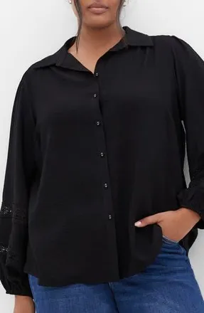 City Chic Deanna Lace Trim Shirt in Black at Nordstrom Rack, Size S/16W