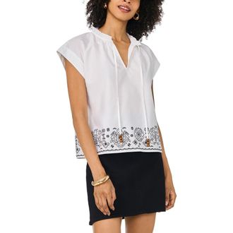Vince Camuto Ruffle Trim Split Neck Border Print Top in Rich Black at Nordstrom, Size Xx-Small