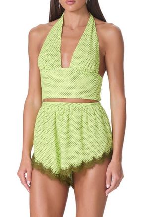 AFRM Sylas Plunge Halter Neck Crop Top in Lime Pin Dot at Nordstrom, Size X-Large