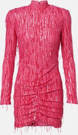 Rotate Fringed ruched sequined mesh minidress