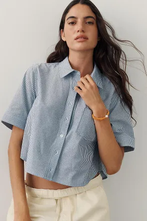 Maeve Merritt Short-Sleeve Cropped Buttondown Shirt