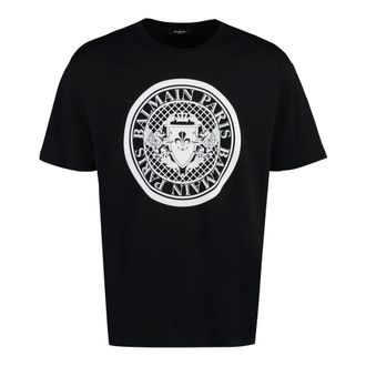 Balmain T-Shirts, male, Black, Size: S Velvet Print Cotton Crew-Neck T-Shirt