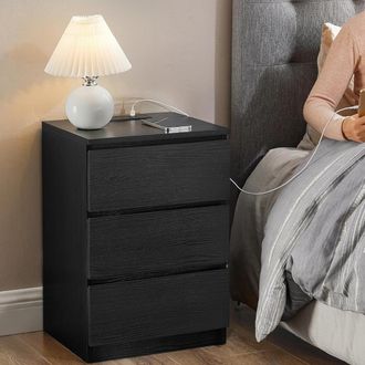 Vasagle Bedside Tables Set of 2 with Power Strip USB Outlets Drawers in Black