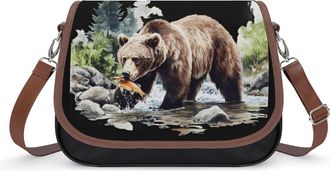 Generic Grizzly Bear And Fish Leather Crossbody Bags for Women Messenger Handbag Purse Shoulder Bag