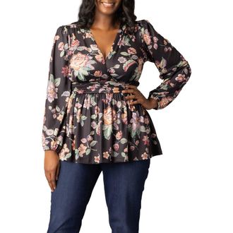 Kiyonna Leah Gathered Top in Black Floral Motif at Nordstrom, Size 0X
