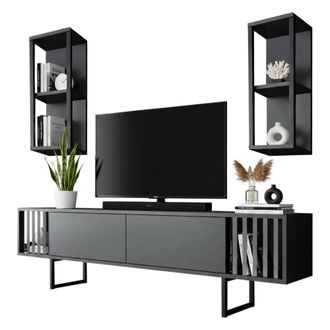 Dmora Dmora - Mueble De Televisi&oacute;n Ananke, Aparador De Sal&oacute;n, Mueble Bajo Para Tv, Base De Pared Equipada, 180x30h48 Cm, Antracita Y Negro, Con Embalaje Ref