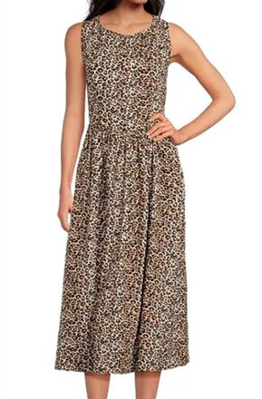 Skies Are Blue Clothing Lexi Poplin Crew Neck Sleeveless Drop Waist Midi Dress In Leopard