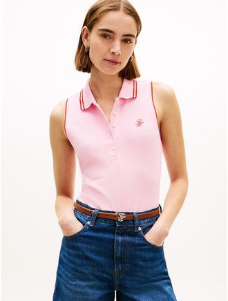 Tommy Hilfiger Womens Slim Fit Sleeveless Script Monogram Polo - Pink - XL