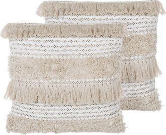 Beliani Beliani - Conjunto De Cojines Decorativos Beige Patr&oacute;n A Rayas 45 X 45 Cm Con Borlas Decoraci&oacute;n Boho Retro Villur