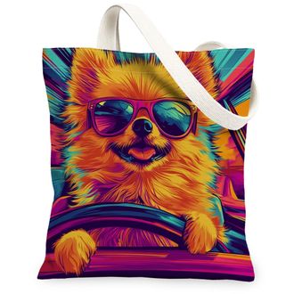 Generic Pomeranian Dog Canvas Tote Bag for Shopping 13x15, Pop Aesthetic Funky Puppy Reusable Grocery Print Pattern Bag for Women, Cool Pet Beach Aesthetic Pa